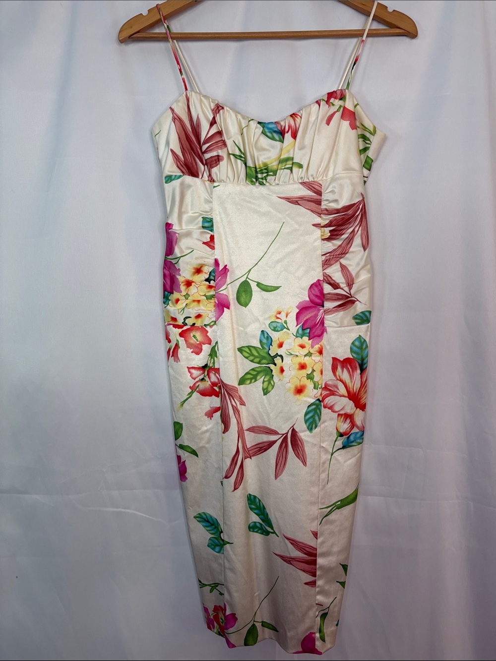 David Meister Cream Midi Dress with Pink, Green & Yellow Floral Print Size 4